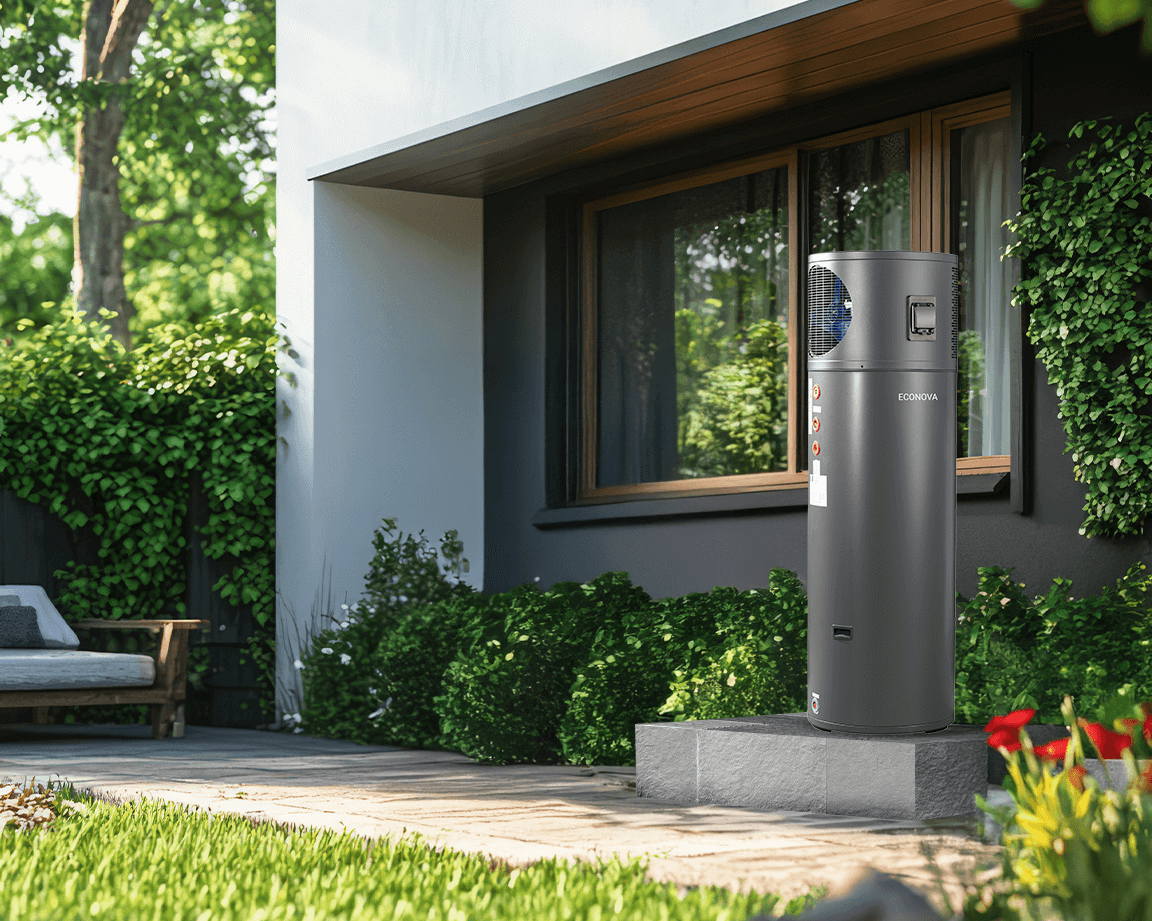 Econova all-in-one hot water heat pump installed outside a modern home