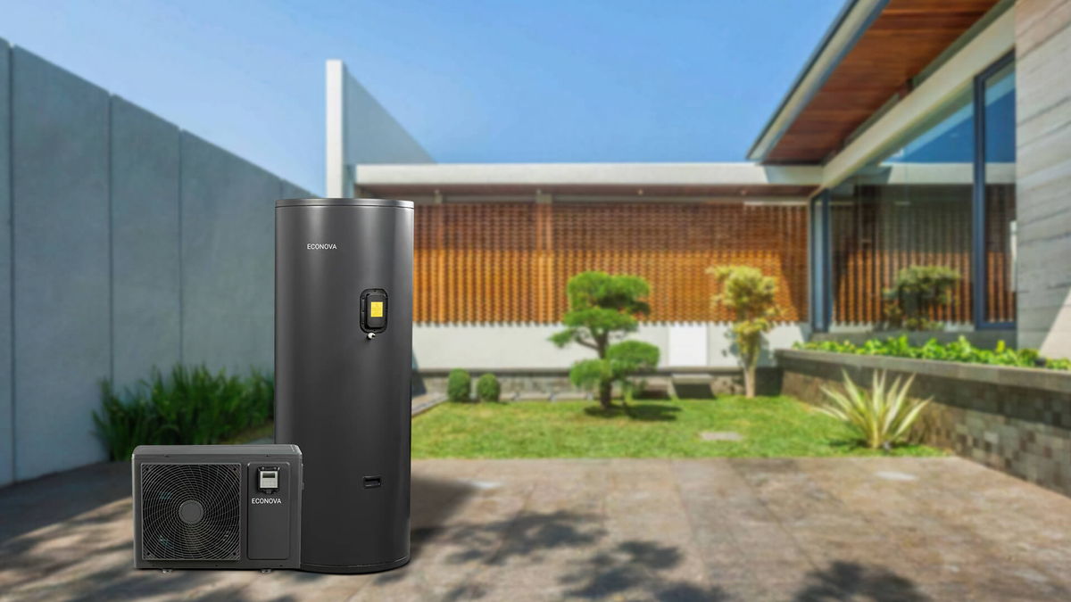 Econova split system hot water heat pump in a courtyard, tank beside the outdoor compressor